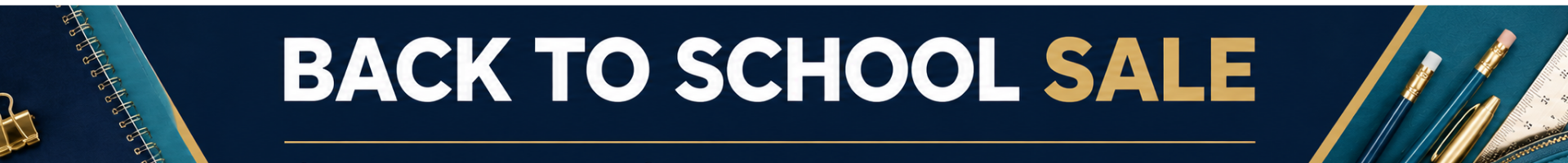 Promotional graphic reading 'BACK TO SCHOOL SALE' in large white and gold text on a dark navy background, with school-themed icons including a lock, notebook, ruler, pencil, and paintbrush along the sides.