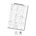 A printable geometry formulas chart shown at an angle on a white background, with download and printable icons below. The chart contains black text, headings, and geometric diagrams on white paper.