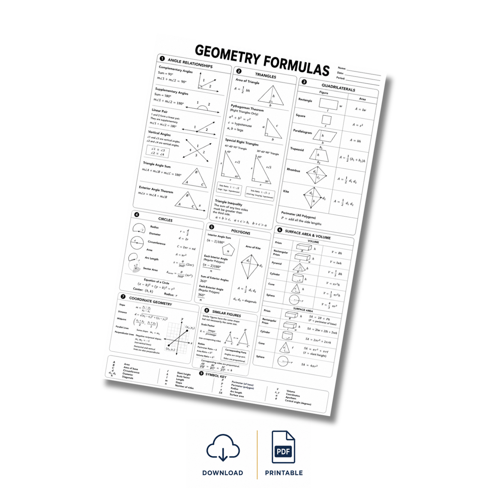 A printable geometry formulas chart shown at an angle on a white background, with download and printable icons below. The chart contains black text, headings, and geometric diagrams on white paper.