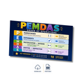 A PEMDAS order of operations poster with a dark blue background and colorful lettering, shown on a white background with download and printable icons below.