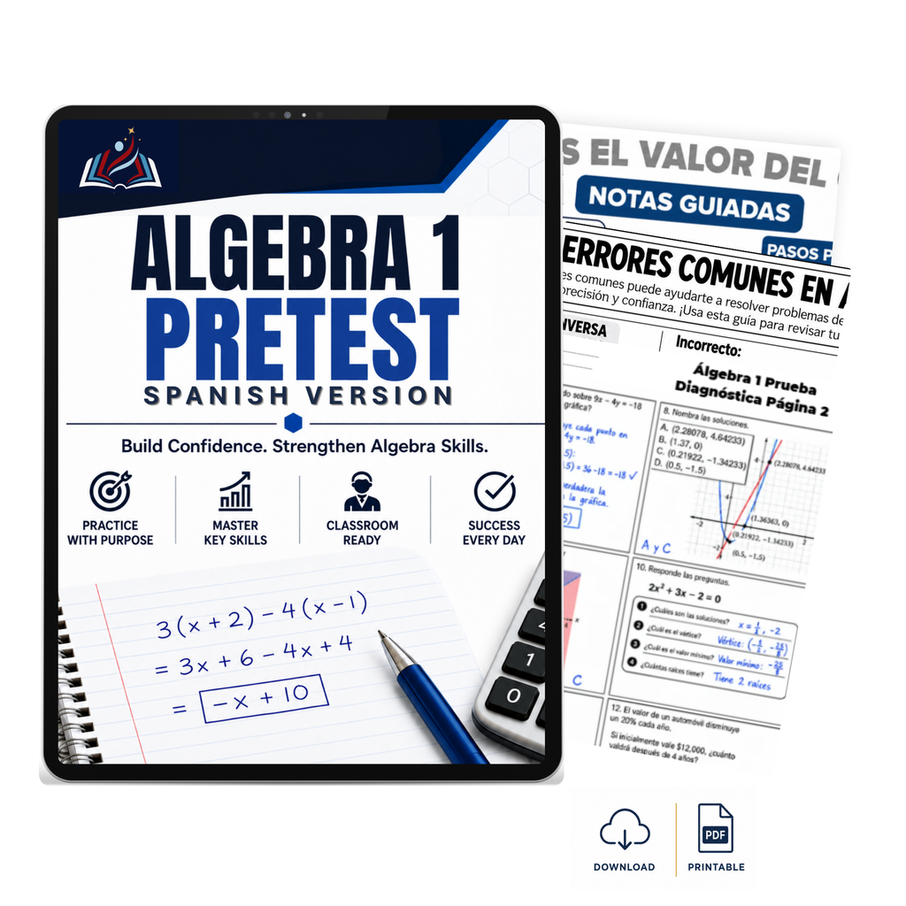 A digital and printable product mockup for 'Algebra 1 Pretest Spanish Version' showing a tablet with a cover page and a stack of printed worksheet pages behind it, on a clean white background with download and printable icons.