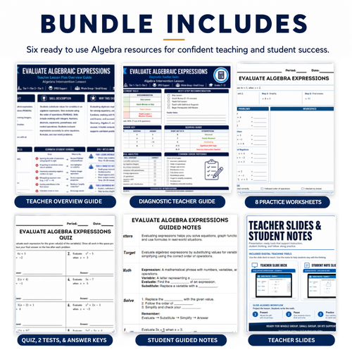 A bundle preview graphic for an Algebra educational resource set, titled 'BUNDLE INCLUDES'. It displays six evaluate algebra expressions downloadable resources arranged in a grid with labels: Teacher Overview Guide, Diagnostic Teacher Guide, 8 Practice Worksheets, Quiz & Tests & Answer Keys, Student Guided Notes, and Teacher Slides.