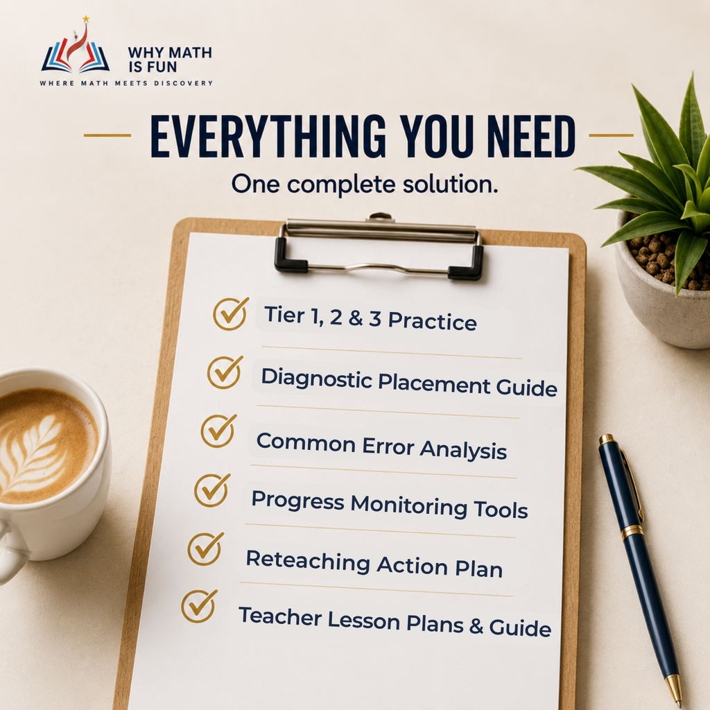 A clipboard with a printed checklist titled 'Everything You Need' on a light beige desk background. The checklist includes items such as Tier 1, 2 & 3 Practice, Diagnostic Placement Guide, Common Error Analysis, Progress Monitoring Tools, Reteaching Action Plan, and Teacher Lesson Plans & Guide.