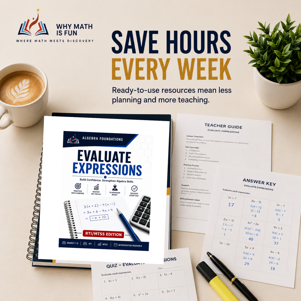 Algebra Foundations Evaluate Expressions RTI / MTSS educational workbook displayed on a beige desk with a coffee cup, potted plant, and printed worksheets, alongside marketing text 'SAVE HOURS EVERY WEEK'.