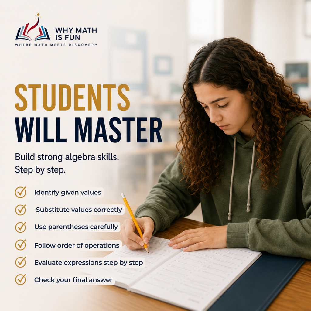 Promotional graphic for an educational algebra expressions learning resource. The left side features the text 'STUDENTS WILL MASTER' with a list of learning objectives, alongside the 'WHY MATH IS FUN' logo.