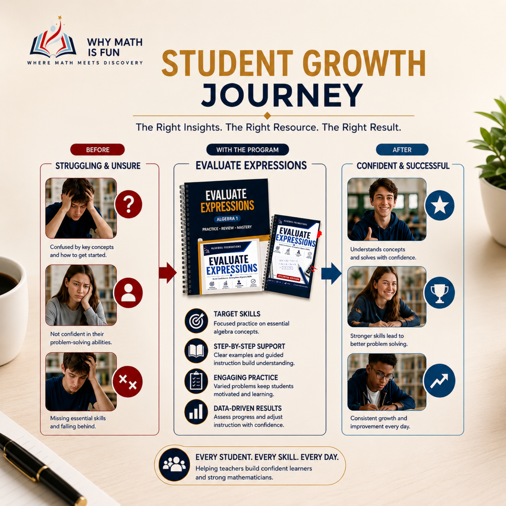 An infographic titled 'Student Growth Journey' from Why Math Is Fun, showing a before-and-after comparison with a 'With the Program' section featuring the 'Evaluate Expressions' workbook and booklet. The design uses a warm beige background with orange, blue, and red accents, and includes photos of students and educational icons.