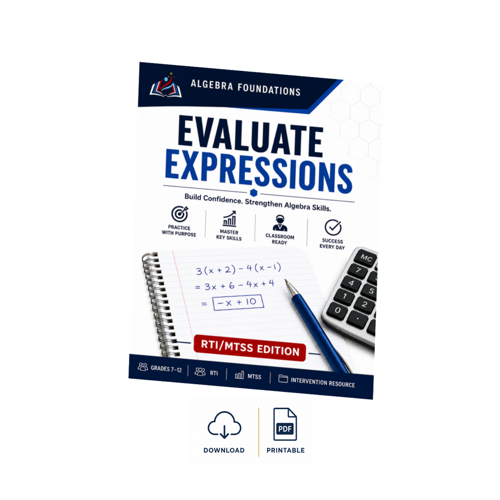 Evaluate Algebra Expressions | RTI/MTSS | 8 Practice Pages + Assessments