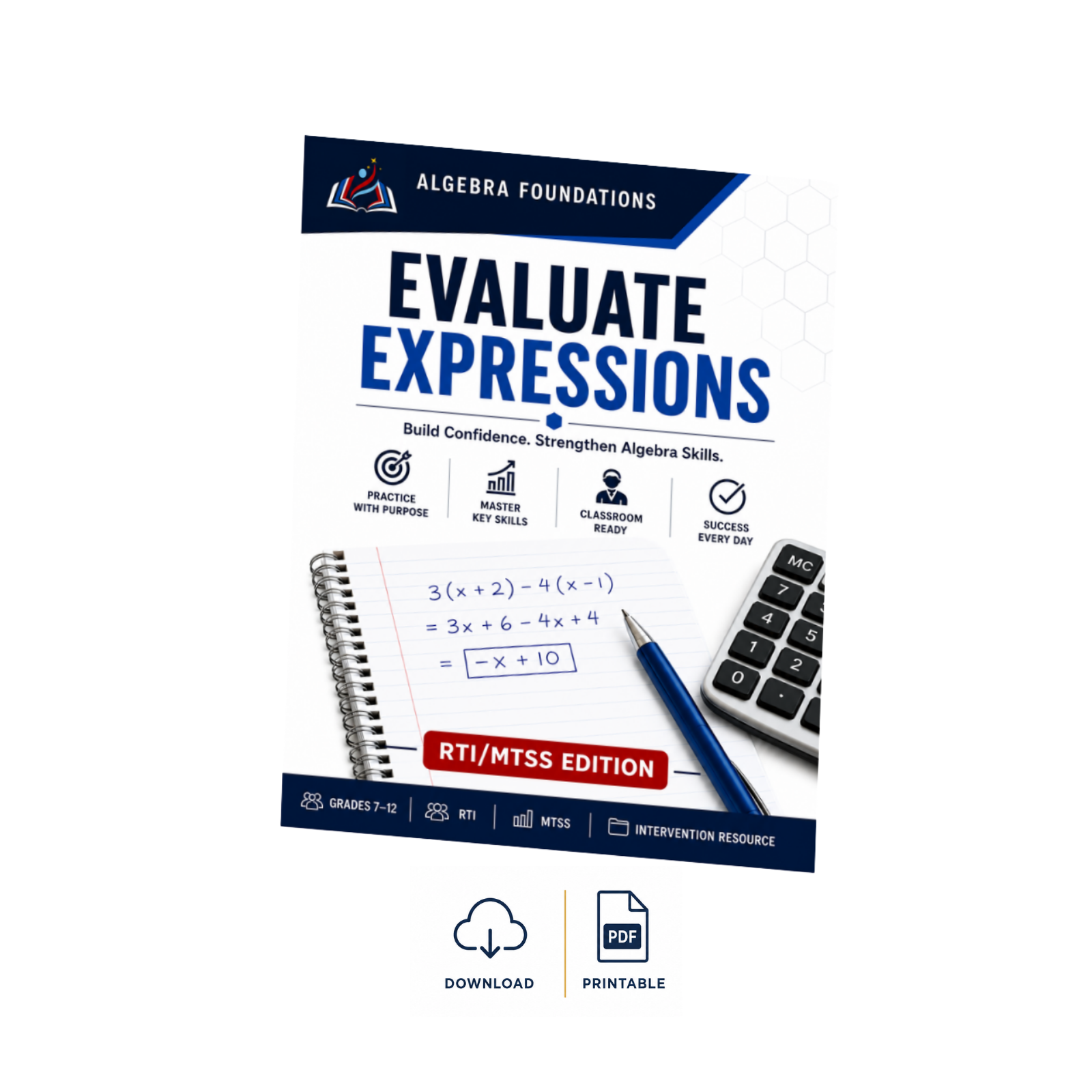 Evaluate Algebra Expressions | RTI/MTSS | 8 Practice Pages + Assessments