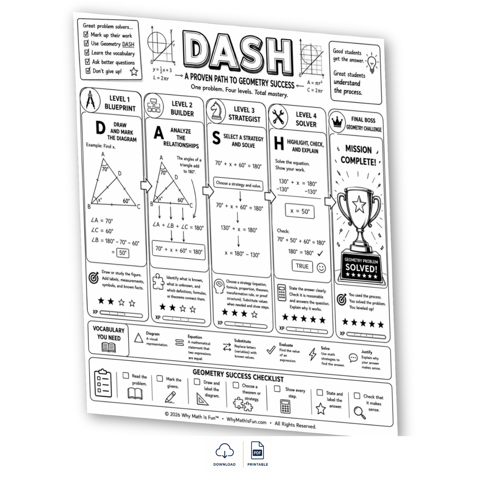 A black and white geometry dash printable titled 'DASH' with multiple instructional sections, level headers, icons, and a checklist at the bottom. The chart is photographed at an angle on a white background with a subtle drop shadow.