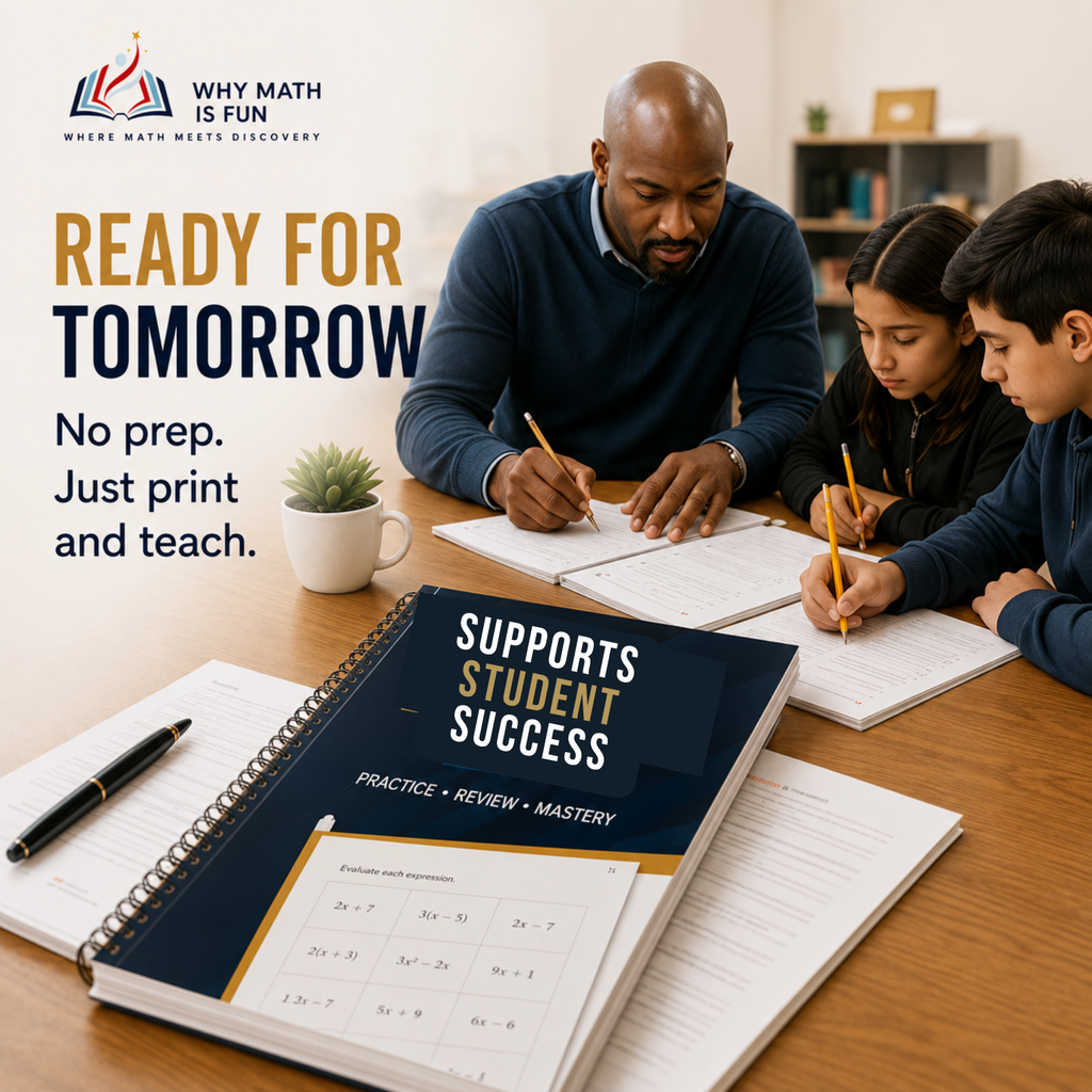 A spiral-bound workbook titled 'SUPPORTS STUDENT SUCCESS' is shown on a wooden table in a home-like setting, with a man and two children writing in notebooks nearby. Large promotional text on the left reads 'READY FOR TOMORROW' and 'No prep.
