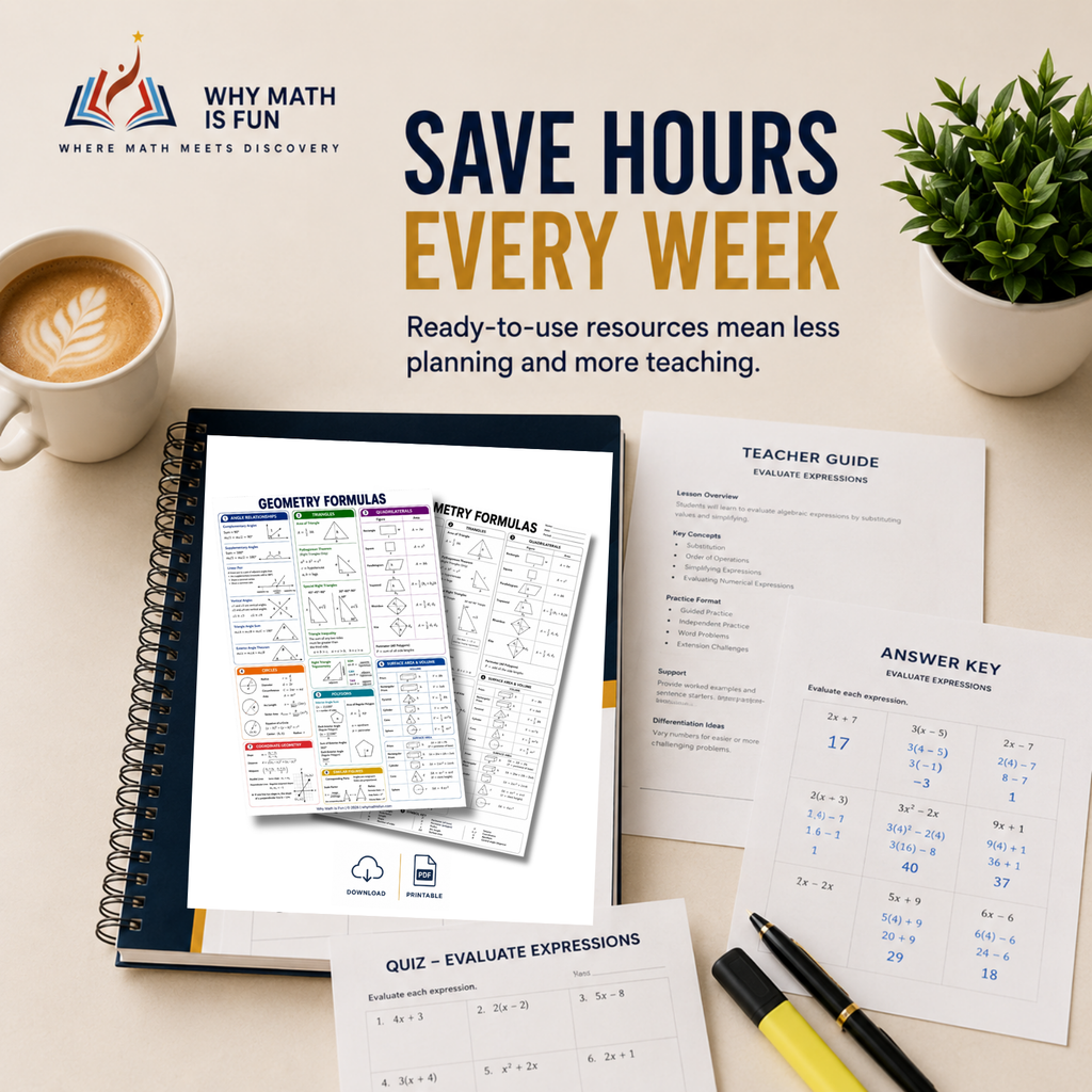 Math educational resource bundle displayed on a desk, including a spiral notebook with geometry formulas, a teacher guide, an answer key, a quiz expression sheet, a coffee cup, and a potted plant. Promotional text reads 'SAVE HOURS EVERY WEEK' with the Why Math Is Fun logo.