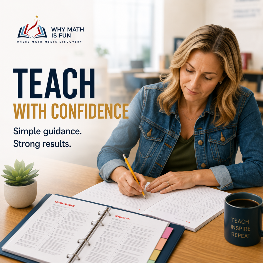 A woman in a denim jacket sits at a wooden desk writing in a binder, with large promotional text reading 'TEACH WITH CONFIDENCE' and the logo 'WHY MATH IS FUN' on the left. A small potted succulent and a dark mug are on the desk.