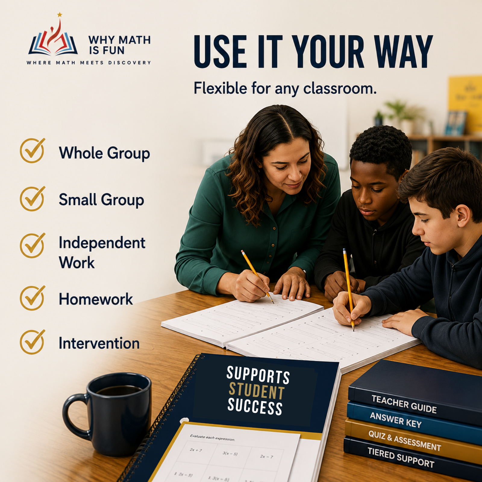 Promotional graphic for a math support product showing a teacher and two students working at a desk, with text reading 'WHY MATH IS FUN', 'USE IT YOUR WAY', and a checklist of use options including whole group, small group, independent work, homework, and intervention. Books and a notebook are visible on the desk.
