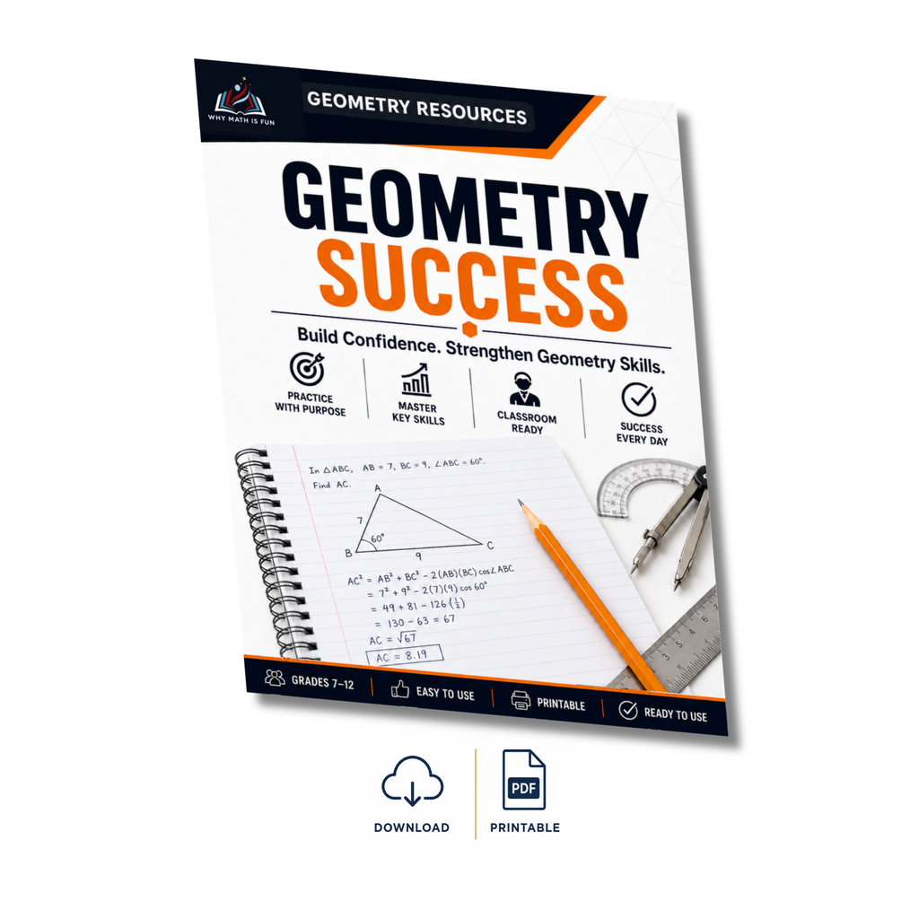 Geometry Success educational workbook cover by Why Math is Fun, featuring a spiral notebook, pencil, compass, and ruler illustration on a white background with download and printable icons below.