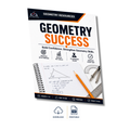Geometry Success educational workbook cover by Why Math is Fun, featuring a spiral notebook, pencil, compass, and ruler illustration on a white background with download and printable icons below.