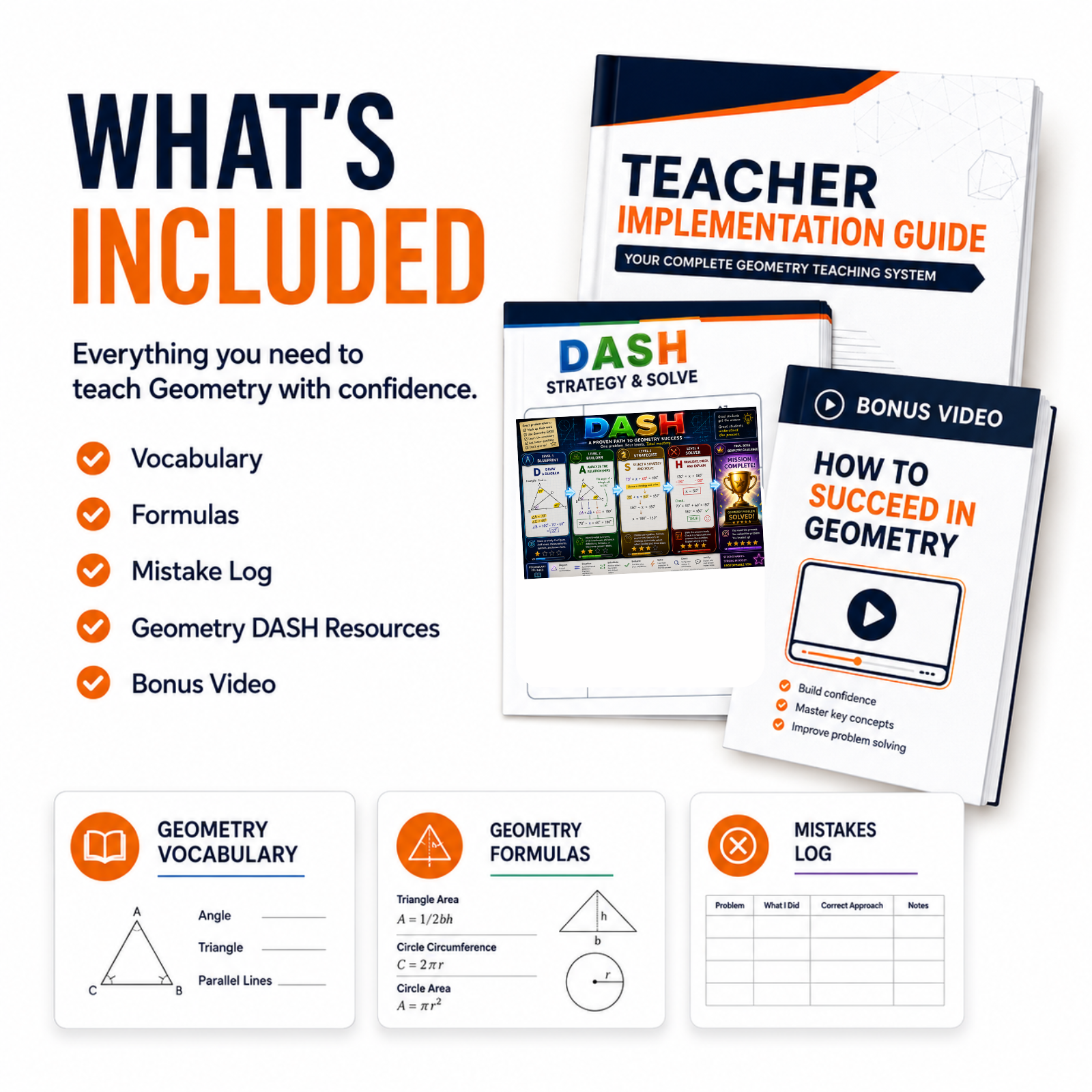 A product bundle graphic for a geometry teaching resource set, showing a main 'Teacher Implementation Guide', a 'Bonus Video' booklet, and several included worksheet/card pages on a white background with promotional text.