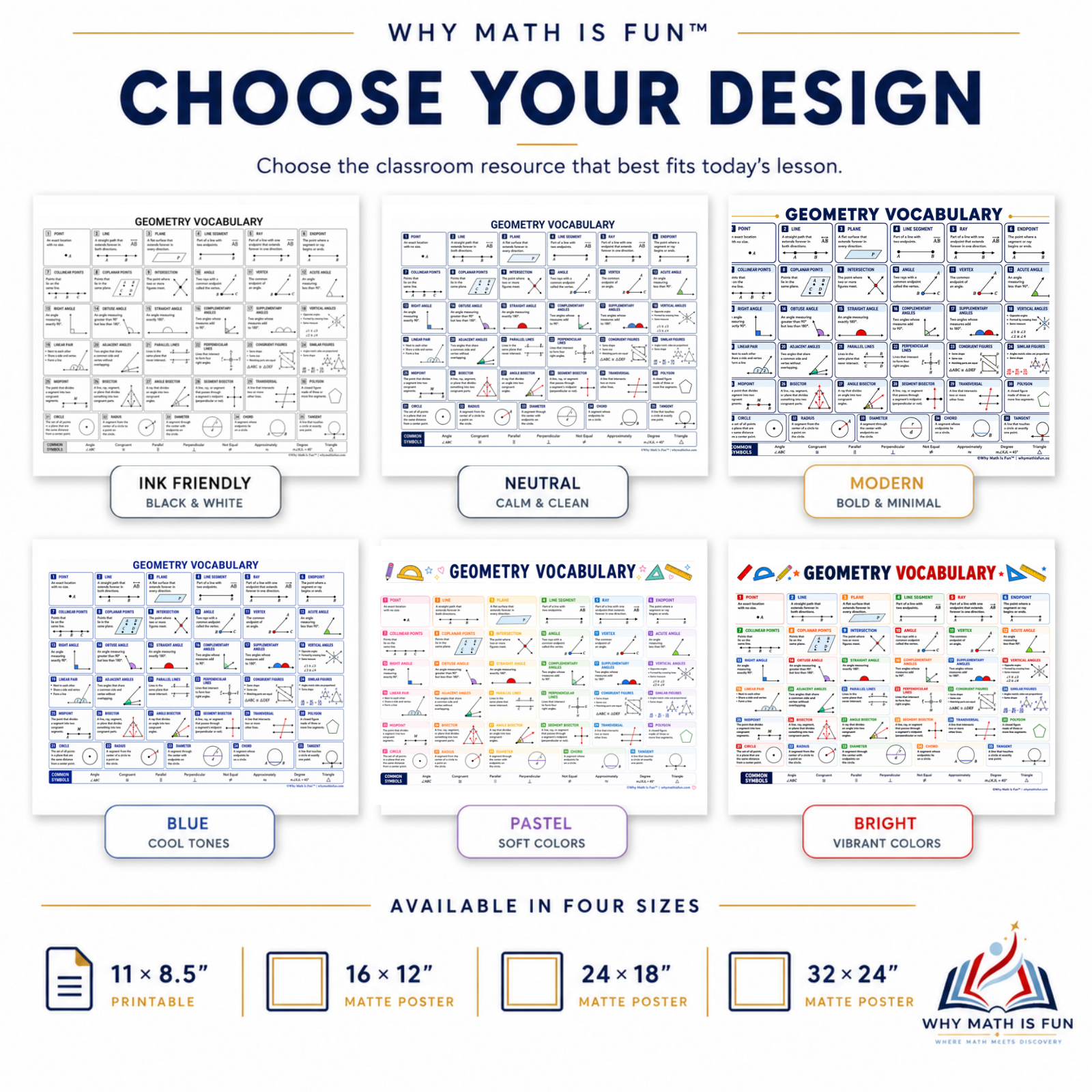 A product information graphic for geometry math vocabulary posters, showing six different poster designs arranged in a grid with labels for ink friendly, neutral, modern, blue, pastel, and bright colors. The top of the graphic reads 'WHY MATH IS FUN' and 'CHOOSE YOUR DESIGN', and the bottom lists available sizes.