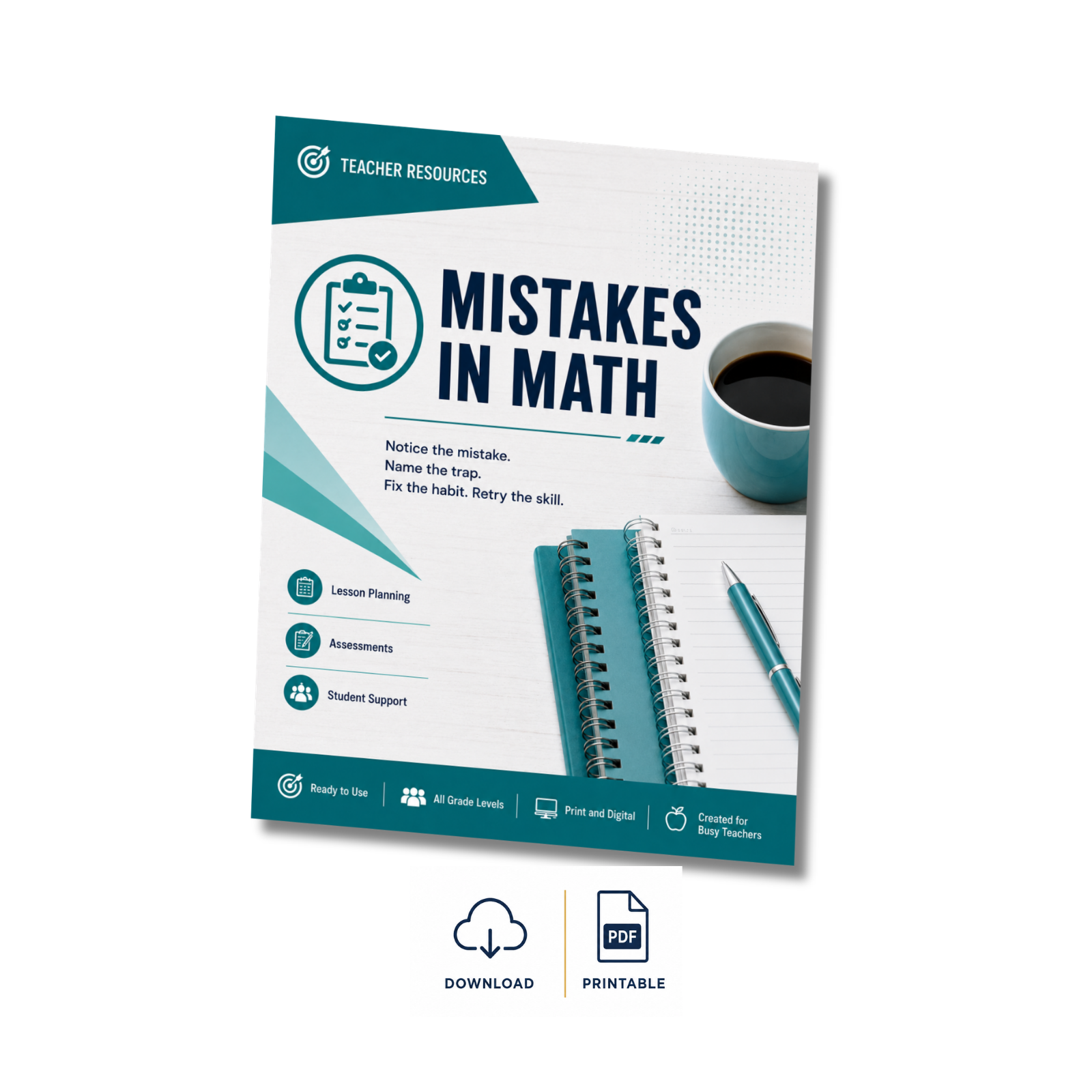 A digital cover mockup for a printable educational resource titled 'Mistakes in Math,' a Teacher Resource. The cover features a white and teal design with an illustration of a notebook, pen, and coffee cup.