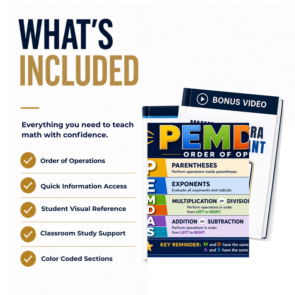 Promotional graphic for a PEMDAS order of operatations printable math study guide, showing a boxed or booklet-style product on a white background with large text reading 'WHAT'S INCLUDED' and a navy 'BONUS VIDEO' banner. The product cover features large colorful letters for PEMDAS and a small play icon.