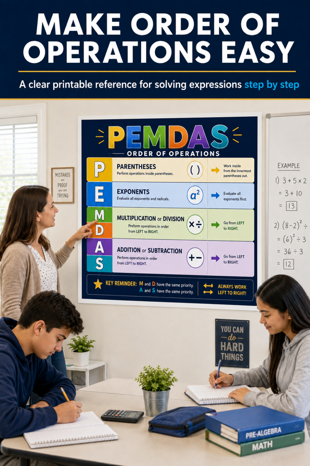 PEMDAS ORDER OF OPERATIONS printable poster study guide reference sheet displayed on a dark background with PEMDAS, order of operations, parenthesis, exponents, multiplication, division, addition and subtraction.