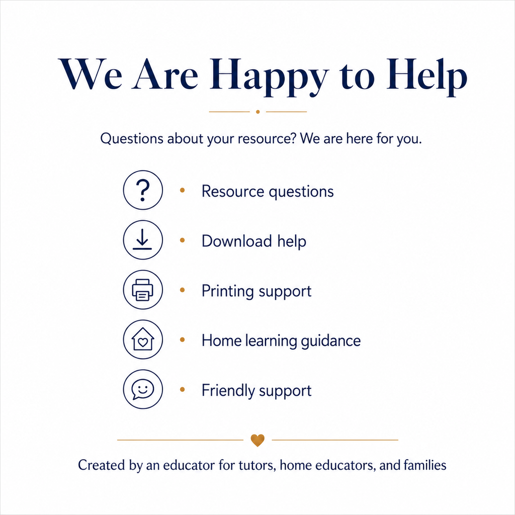 A digital graphic with the heading 'We Are Happy to Help' on a white background, listing support options such as resource questions, download help, printing support, home learning guidance, and friendly support with small icons.